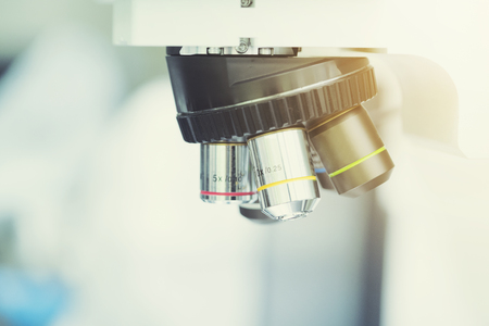 close up laboratory microscope, science and research concept