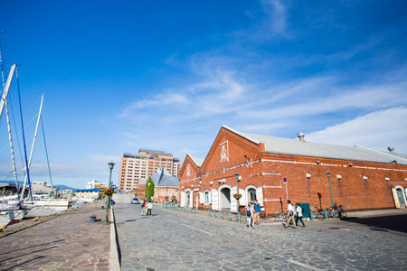 HOKKAIDO, JAPAN - JULY 16, 2015: The Kanemori Red Brick Warehouse in Hakodate portのeditorial素材
