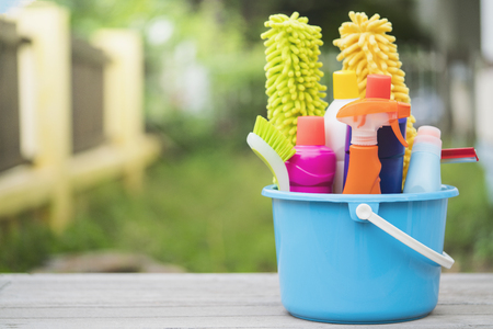 House cleaning product on wood tableの写真素材