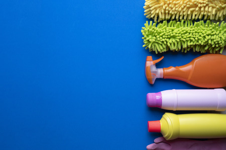 House cleaning product on blue backgroundの写真素材