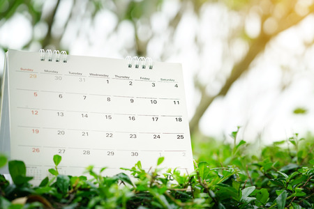 close up of calendar on green nature background with copy space, planning for business meeting or travel planning conceptの写真素材