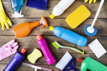 House cleaning product on wood table, top viewの写真素材