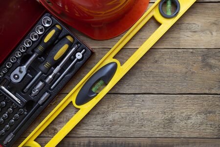 Engineer desk with toolbox and equipment on the wooden table background, project engineering ideas conceptの写真素材