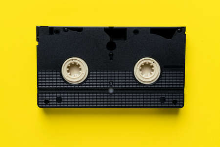 close up video cassette tapes  on yellow backgroundの写真素材