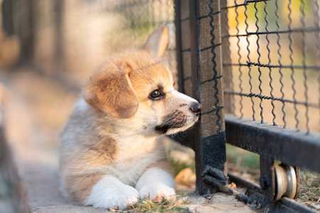 corgi puppy sit stay and calm in the cage, nobody, lonely, cute dogの写真素材