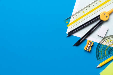 engineer or architect desk with stationery on blue background in the office, project ideas conceptの写真素材