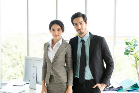 Portrait caucasian business people standing in room office, success business partners group meeting and brainstorming conceptの写真素材