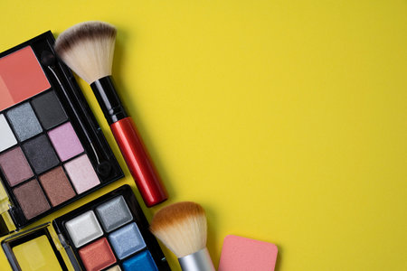 Set of colorful cosmetics on yellow table backgroundの写真素材