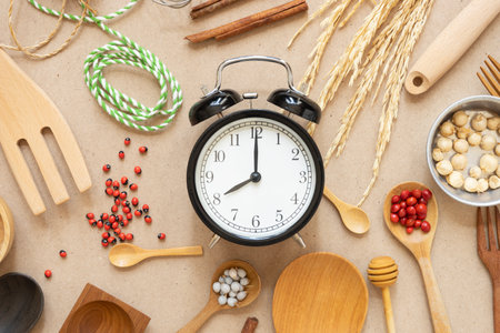 Food clock. Healthy food concept on table background, time for eat food conceptの写真素材