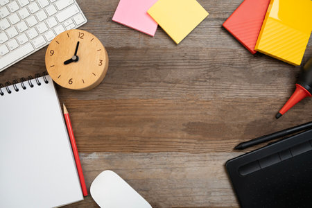 engineer or architect desk with object stationery on wooden table background in the office, project creative ideas conceptの写真素材