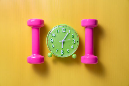Time for exercising clock and dumbbell with yellow background, sport and healthy conceptの写真素材