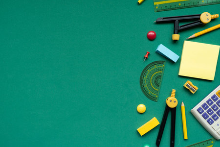 Different accessories stationery on green table background, flat lay. Space for text, back to school...