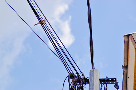 Abidjan ,Ivory Coast, February 17, 2018 photo of a bird caught on a power line under a weather in west africaのeditorial素材