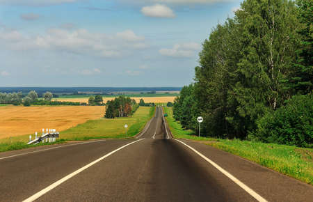 Summer country road with trees beside. Rural up hill, vintage , environment road.Nature roadの写真素材