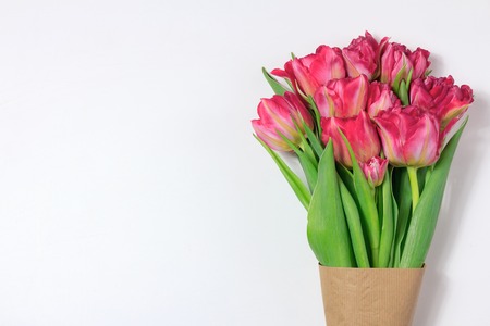 Spring boquet of red and pink tulips. Floral white background with space for textの写真素材