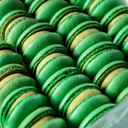 Green fresh macarons lie in even rows.の写真素材