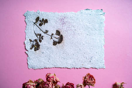 Ecological trends. Sheets of recycled paper with dried roses. Secondary production. Making paper...