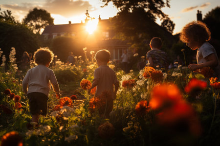 Children playing in the garden with flowers at sunsetの素材