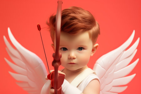 Cute kid cupid with bow and arrow on red backgroundの素材