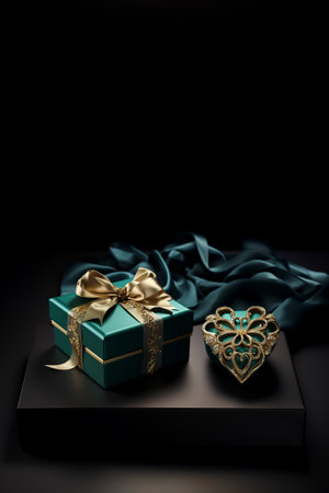 Turquoise gift box with gold bow and openwork heart on dark backgroundの素材
