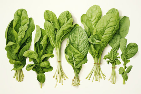 Hand drawn fresh spinach leaves and spinach bunch. botanical illustration on white background.の素材