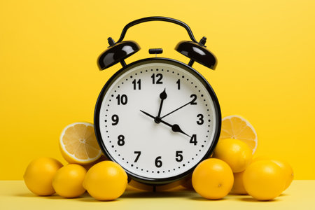 Black and White Clock with Hands and Numerals with Fresh Lemons on Yellow Backgroundの素材