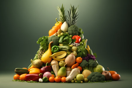 volumetric Food pyramid healthy eating comparison fruits and vegetables, fruit collage on green backgroundの素材