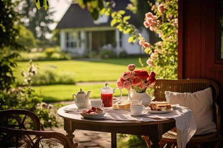 Set table with plates, teapot, kettle, flowers, cutlery, sweets, juice on the terrace of a country house on a summer morning in the gardenの素材
