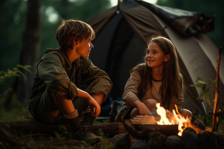 Boy and girl tourists sitting and smiling by the fire in the forest on the background of a tent, dark background, evening in the forestの素材