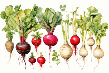 Watercolor drawing, set of beets of different types, red and white, beet roots with green leavesの素材