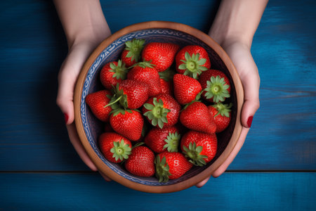 Ripe juicy healthy strawberries in a plate, bowl in the hands of a girl on the background of blue boards, top viewの素材