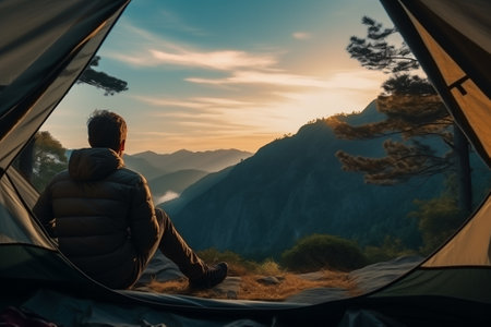 Lonely tourist in jacket sitting in open tent at sunrise, sunset and looking at mountains, beautiful natureの素材