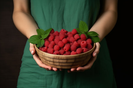 Ripe fresh healthy raspberries with leaves in a wooden bowl, plate in the hands of a girl in a green linen dress on a dark backgroundの素材
