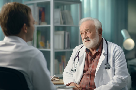 Elderly bearded male doctor in white medical coat sitting opposite patient in doctors officeの素材