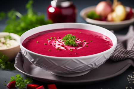 Appetizing beetroot puree soup, borscht with green parsley and sour cream in a white bowl on a set table on a dark backgroundの素材