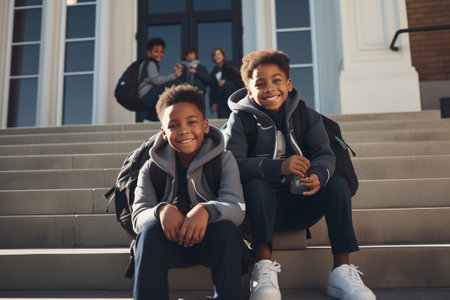Two happy smiling black schoolboy sitting on steps with backpacks and drinks on sunny dayの素材