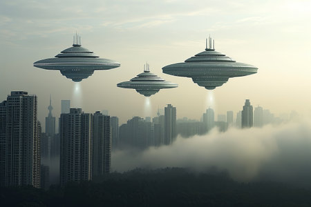 Fantastic flying saucers UFOs in the sky over metropolis with fog at dawn or sunsetの素材