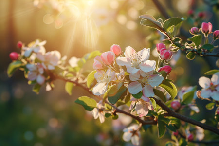 White and pink apple blossoms on a tree branch in a green garden in spring in sunlightの素材