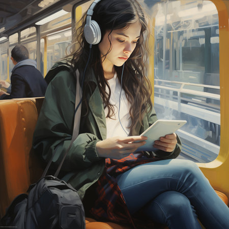 Beautiful girl student in headphones with bag riding in public transport and reading gadget, phone, tabletの素材