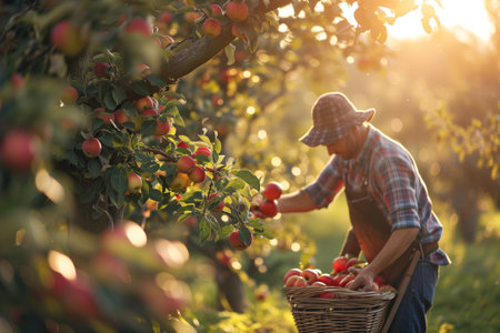 Farmer in checkered panama hat, shirt and apron harvesting ripe juicy apples in sunshine, sunrise or sunsetの素材