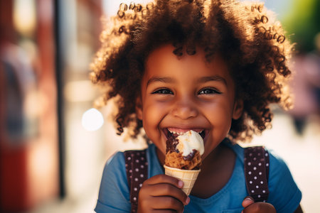 Little charming happy black boy eating cool ice cream and looking at camera outdoors in summerの素材