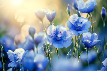 Banner design, blue delicate beautiful flax flowers in a field on a blurred green and blue background, summer in the sun, close-up, shallow depth of field and full frameの素材