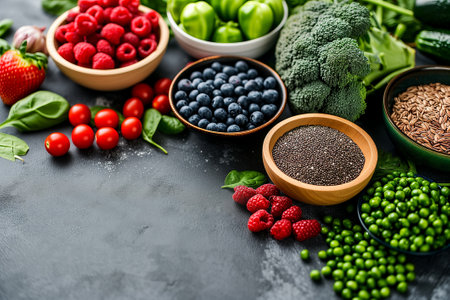 Healthy fruits and vegetables on concrete grey background, fruits, vegetables, seeds, superfoods, cereals, leafy vegetablesの素材