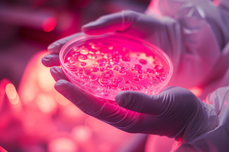 Pink colored bacteria and microbes in a Petri dish in the hands of a man wearing white medical gloves, scientific research on virusesの素材