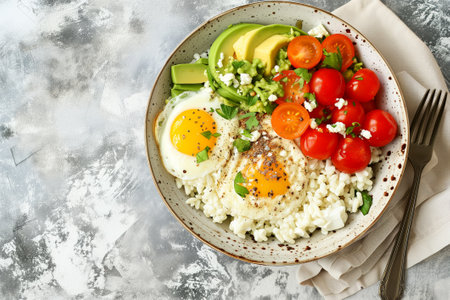 A bowl of food with eggs, avocado, tomatoes, herbs and rice on a tableの素材