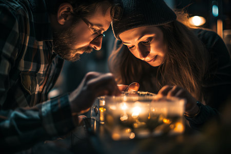 A man and a woman are looking at a candle or lights in a glass at nightの素材