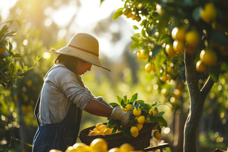 Farmer woman in hat, shirt and blue apron harvesting ripe juicy lemons with leaves in sunshine, sunrise or sunsetの素材