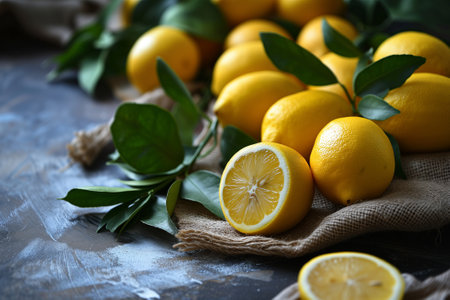 A bunch of lemons with green leaves on a gray tableの素材