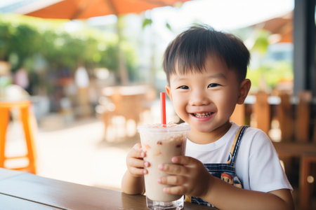 Happy kid asian appearance enjoying milk drink with a straw at table, smiling and having fun on summer sunny day.の素材