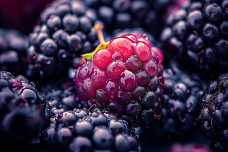 A close up of a bunch of blackberries with a green stemの素材